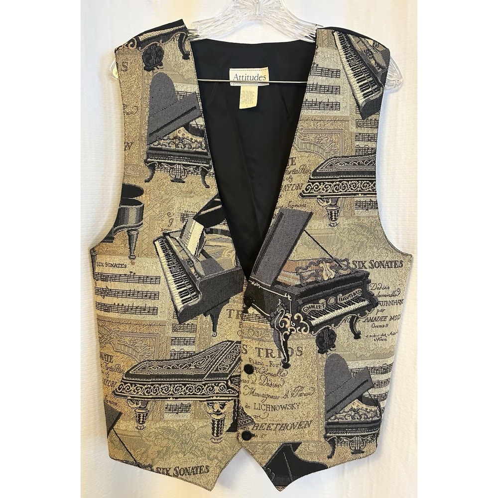VTG Piano Vest Women L Tapestry Grand Piano Sheet Music Pianist Concert 90s